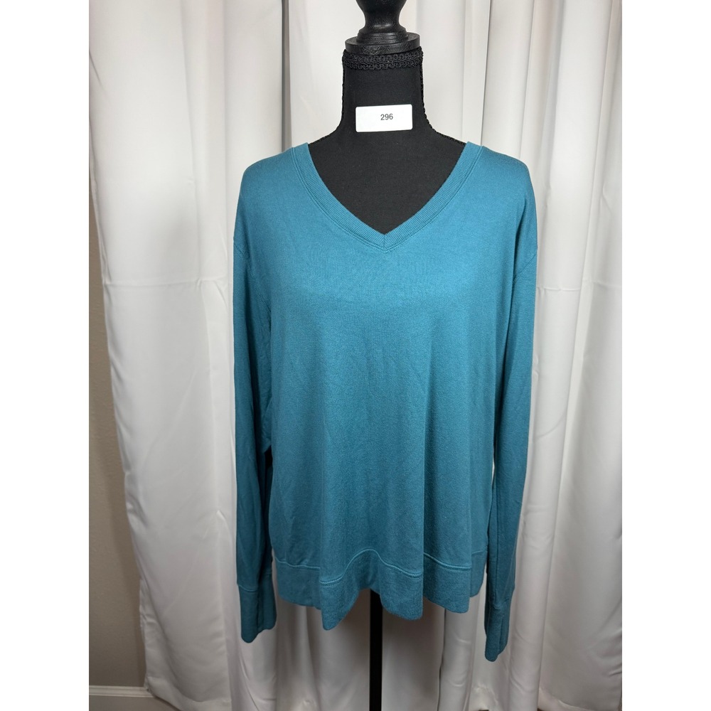 Athleta Sunrise V-Neck Sweatshirt Teal Blue Modal Blend Pullover Womens XL